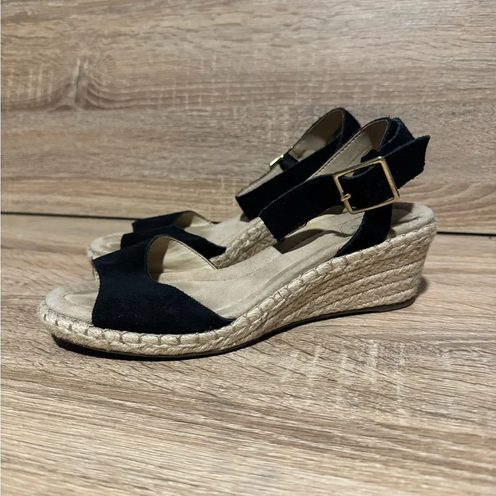 Lands End Womens Black Espadrilles Wedge Heels Sandals Size 6.5 Ankle Strap